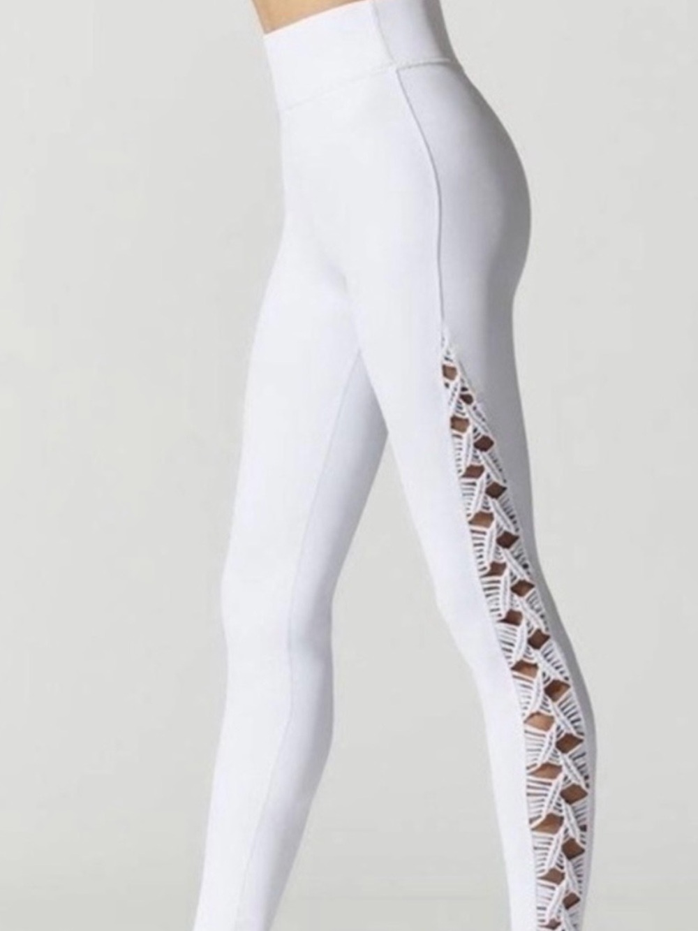 Carbon38 White High-Rise Leggings with Side Lace macrame Cutouts Y2K
